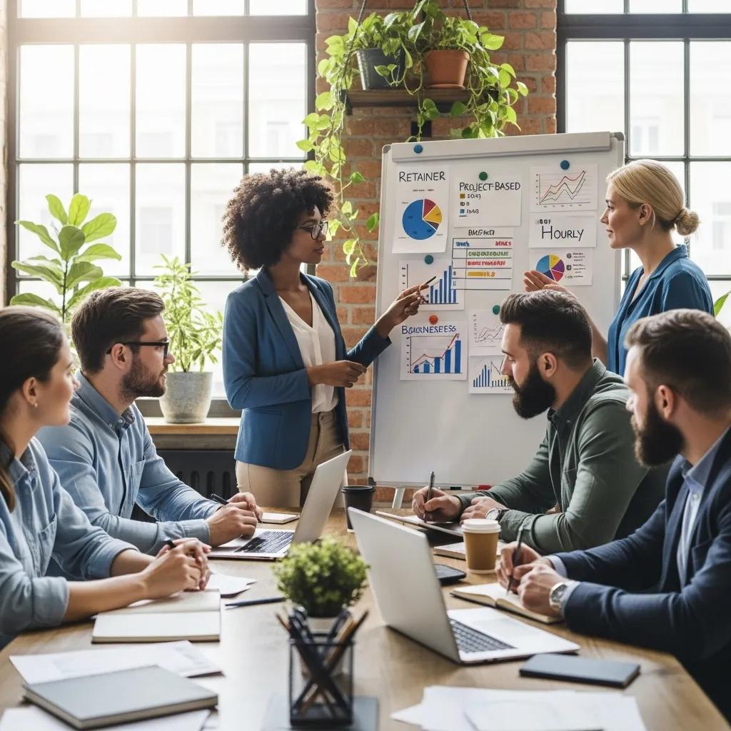 Small business owners discussing SEO pricing models in a collaborative workspace
