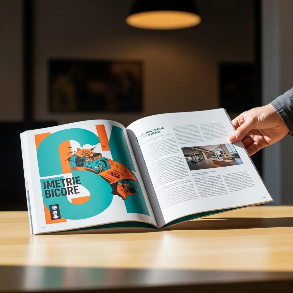 Custom brochure design highlighting vibrant graphics and engaging content on a table