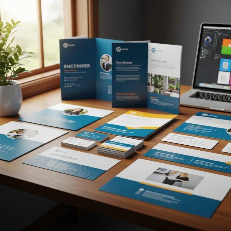 High-quality print marketing materials including brochures, business cards, and flyers on a wooden desk
