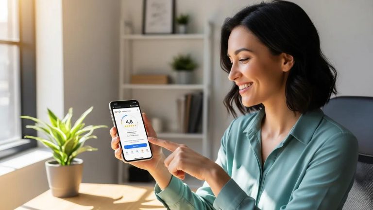 Business owner engaging with Google Business Profile on smartphone in a modern office