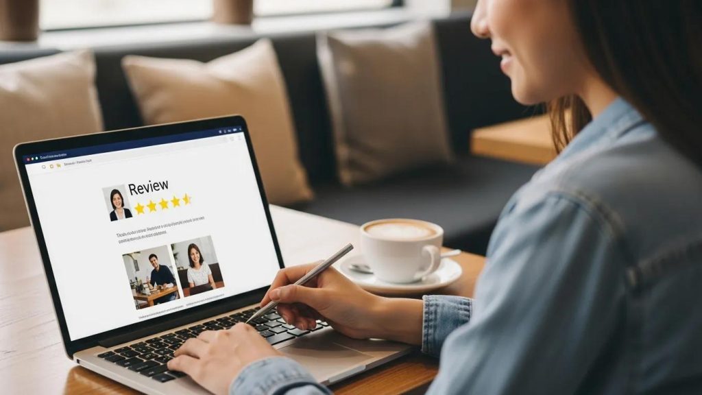 Customer leaving a positive review on a laptop in a cozy café setting