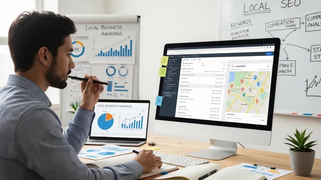 Digital marketing professional analyzing local SEO strategies on a computer